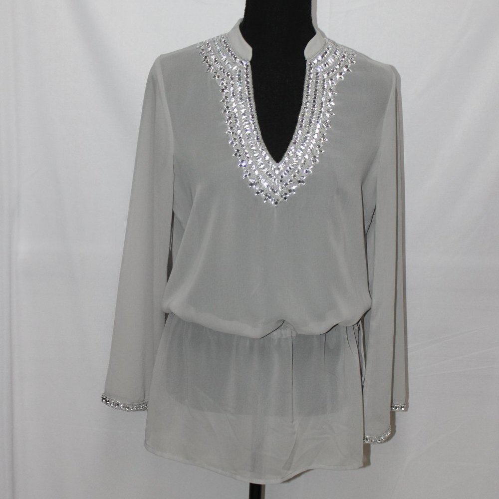 Boston Proper Sheer Sequined V-Neck Tunic Blouse